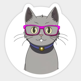 Cute Grey Cat with Nerdy Pink Glasses - Anime Shirt Sticker